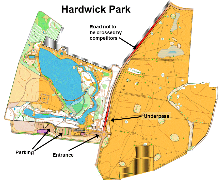 Map showing the parking area and the underpass under the 
main road.