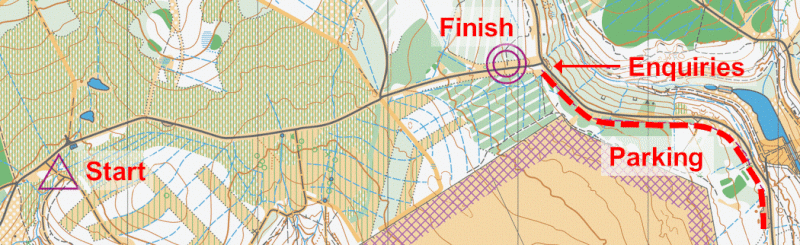 Map showing parking, enquiries, the start and the finish