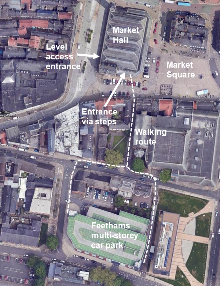 Map showing the locations of the car park and Download.